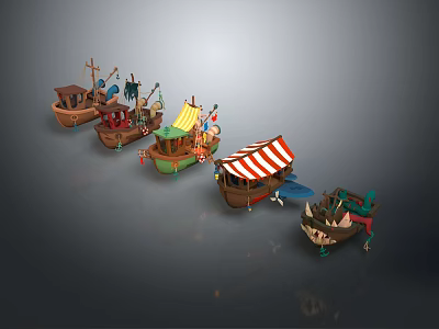 Colorful Cartoon Sailing Boats With Decorative Sails Flags And Unique Designs 3d model