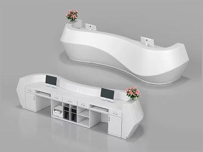 Modern Curved White Reception Desk With Computer Monitors Flower Arrangements And Storage Cabinets 3d model