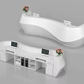 Modern Curved White Reception Desk With Computer Monitors Flower Arrangements And Storage Cabinets