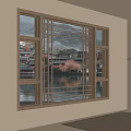 Room Interior with Wooden Frame Window View of Lake Traditional Buildings and Cherry Blossom Tree