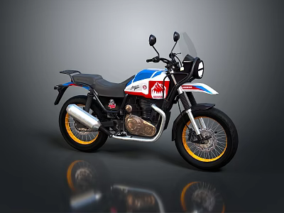 Red White Blue Adventure Motorcycle With Yellow Rims Black Seat And Windshield 3d model