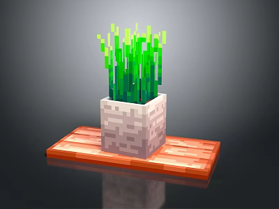 Pixel Style Potted Green Grass Like Plants In White Block Pot On Orange Plank 3d model