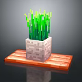Pixel Style Potted Green Grass Like Plants In White Block Pot On Orange Plank