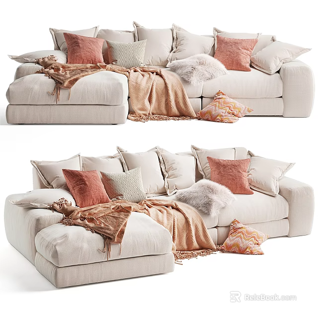 Cozy Light Beige Sectional Sofa With Soft Pillows And Knitted Blanket In Living Room 3d model 