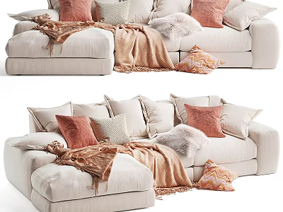 Cozy Light Beige Sectional Sofa With Soft Pillows And Knitted Blanket In Living Room 3d model