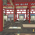 Ancient Architecture Interior With Red Beams Columns Traditional Decorations Wooden Tables And Mats On Floor