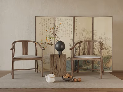 Traditional Chinese Interior With Wooden Chairs Decorative Screen And Tea Set 3d model