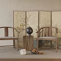 Traditional Chinese Interior With Wooden Chairs Decorative Screen And Tea Set