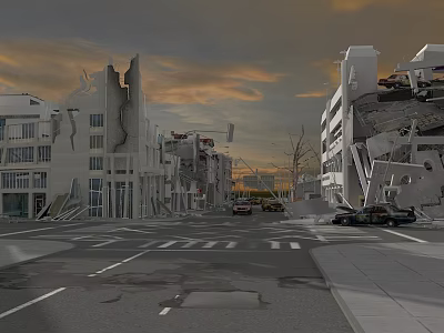 Collapsed Buildings On Urban Street With Vehicles And Orange Gray Sky 3d model