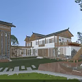 Rural Self-built House With Traditional Chinese Roof Courtyard Design Wooden Terrace And Lawn Area
