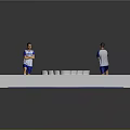 Basketball Court With Blue Surface And Stacked Metal Barrels Setup