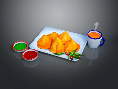 Crispy Fried Samosas Served On White Plate With Green Red And Orange Dips And Chilies 3d model