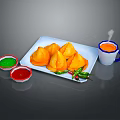 Crispy Fried Samosas Served On White Plate With Green Red And Orange Dips And Chilies
