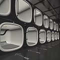 Neatly Arranged Modern Capsule Pods With White Frames Interior Lighting And Floor Arrows