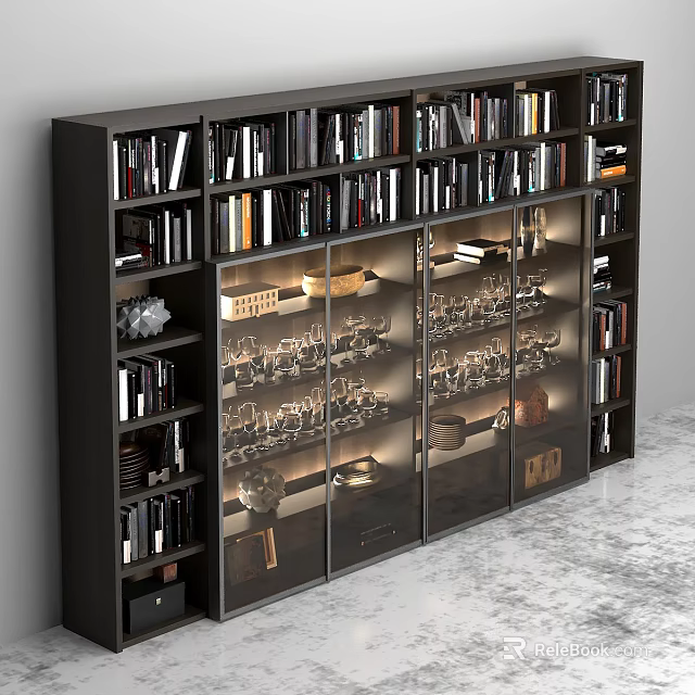 Modern Black Bookcase With Glass Doors Displaying Books Wine Glasses And Decorative Items 3d model 