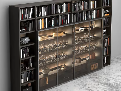 Modern Black Bookcase With Glass Doors Displaying Books Wine Glasses And Decorative Items 3d model