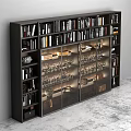 Modern Black Bookcase With Glass Doors Displaying Books Wine Glasses And Decorative Items