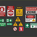 Safety Warning Signs With Restricted Access Private Property Danger High Voltage Exit And First Aid