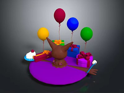 Colorful Birthday Party Scene With Balloons Gift Boxes Cake Brown Decoration And Purple Base 3d model