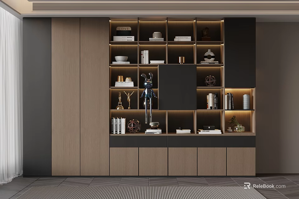 Modern Wooden Bookcase With Lighting Shelves Decorative Items And Storage Space 3d model 