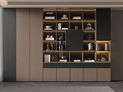 Modern Wooden Bookcase With Lighting Shelves Decorative Items And Storage Space 3d model