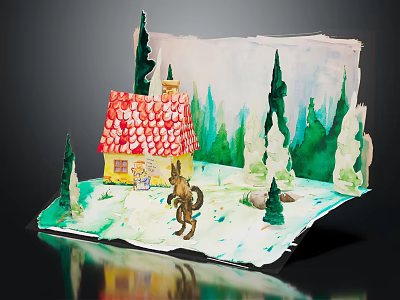 Handmade Diorama With Yellow House Red Roof Chimney Wolf Figure Green Trees Watercolor Forest Background 3d model