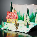 Handmade Diorama With Yellow House Red Roof Chimney Wolf Figure Green Trees Watercolor Forest Background