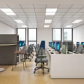 Modern Public Office Space With Multiple Computers Desks Chairs Windows And Ceiling Lights 3d model