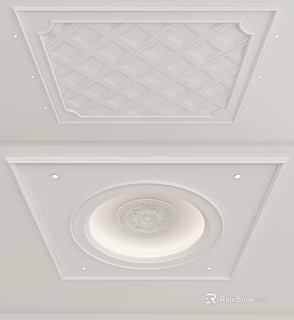 Elegant Ceiling Design With Plaster Moldings Decorative Relief And Recessed Lights 3d model