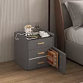 Modern Gray Bedside Table With Marble Top Drawers And Bedroom Decorative Items Next To Bed