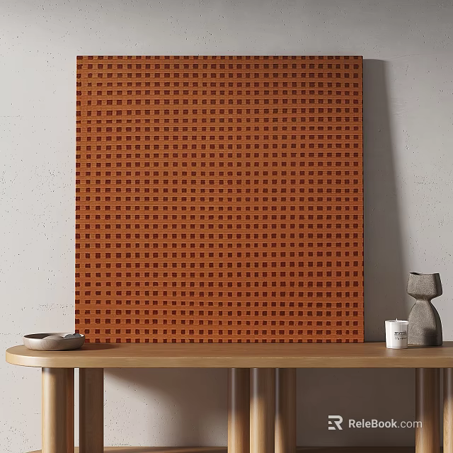 Orange Perforated Panel Behind Wooden Table With Bowl Statue And Cup 3d model