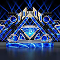 Futuristic Stage Design With Blue Lighting And Geometric Shapes