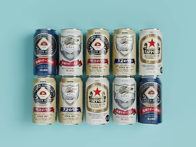 Various Different Branded Beer Cans Neatly Arranged On Light Blue Background 3d model