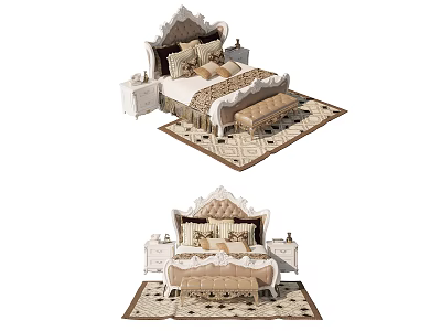 Classic Double Bed with Ornate Headboard Plush Pillows Bedding Bedside Tables Footstool and Decorative Rug 3d model