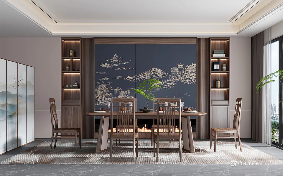 Traditional Chinese Restaurant Interior With Mountain Pattern Wall Wooden Dining Set Green Plant And Shelves 3d model 