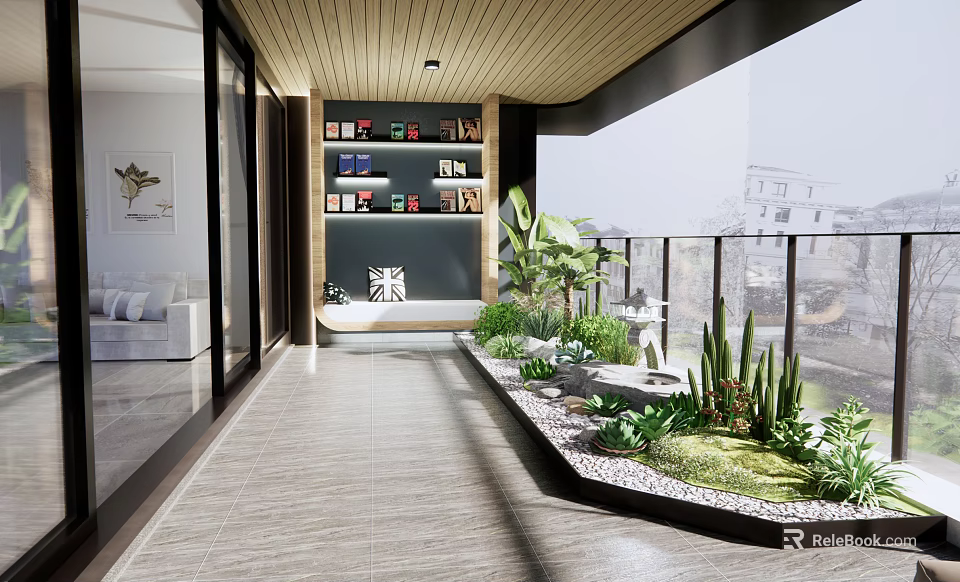 Home Balcony Modern Design With Wooden Ceiling Bookshelf Various Plants Small Water Feature And Scenic Outdoor View 3d model 