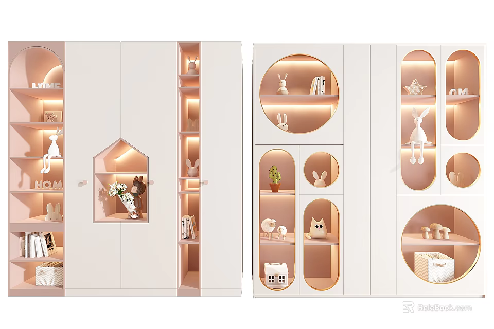 Modern White Bookcase With Built in Lighting Open Shelves Decorative Items Circular Arched Shapes 3d model 