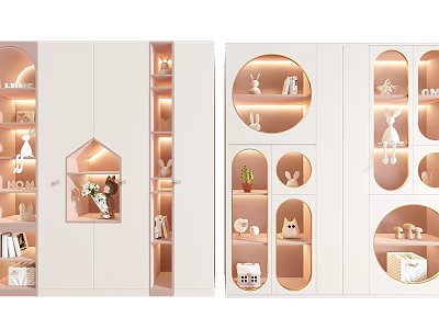 Modern White Bookcase With Built in Lighting Open Shelves Decorative Items Circular Arched Shapes 3d model