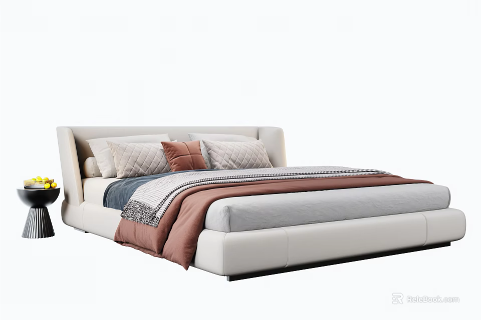 Modern Leather Double Bed With Upholstered Headboard Decorative Pillows And Side Table Flowers 3d model 