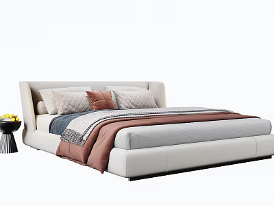 Modern Leather Double Bed With Upholstered Headboard Decorative Pillows And Side Table Flowers 3d model