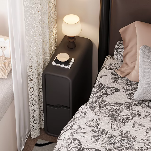 Dark Colored Nightstand With Lamp And Drawers Near Butterfly Patterned Bedspread And Lace Curtains 3d model 