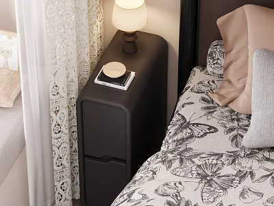 Dark Colored Nightstand With Lamp And Drawers Near Butterfly Patterned Bedspread And Lace Curtains 3d model