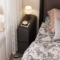 Dark Colored Nightstand With Lamp And Drawers Near Butterfly Patterned Bedspread And Lace Curtains