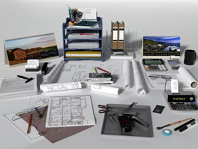 Office Desk With Blueprints Calculator Pencils File Organizer Scissors And Tape 3d model