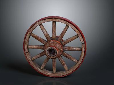 Old Fashioned Wooden Carriage Wheel with Red Rim and Spokes on Gray Background 3d model