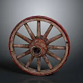 Old Fashioned Wooden Carriage Wheel with Red Rim and Spokes on Gray Background