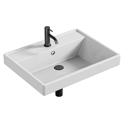 Modern White Ceramic Washbasin with Black Faucet and Sleek Design 3d model