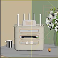 White Multi Layer Storage Shelf with Router White Flowers Mug and Gold Decor