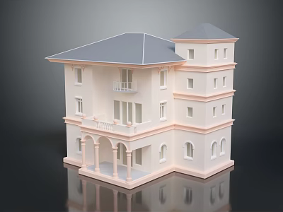 Cartoon Style Pink And Gray Two Story House Model With Balcony Arched Porch And Windows 3d model