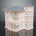 Cartoon Style Pink And Gray Two Story House Model With Balcony Arched Porch And Windows